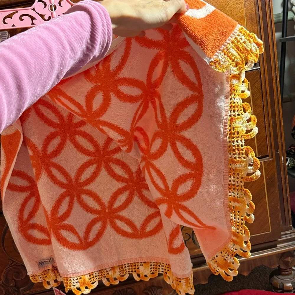 True Vintage crochet hem Orange White Geometric Towel  by MARTEX, cotton, USA
